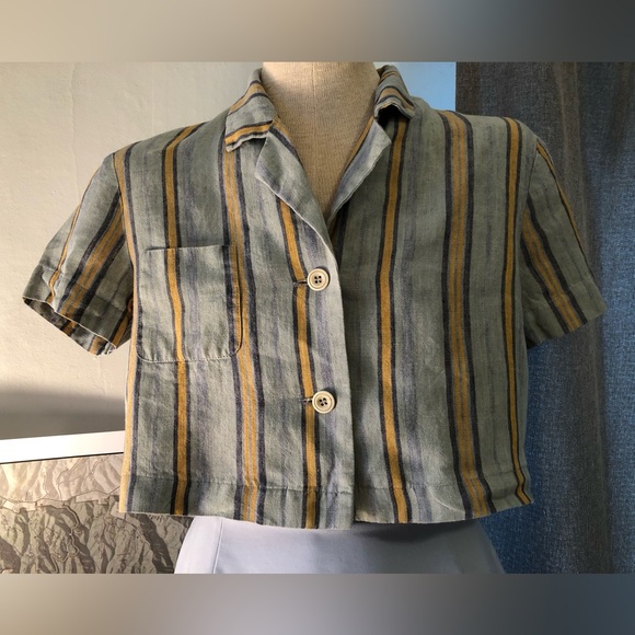 Caractere Striped Linen Button Up Cropped Made in Italy Blue Orange Small - Picture 4 of 10